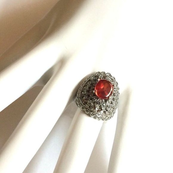 Art Deco Ruby Marcasite Cocktail Ring Size 6 7 Silver Rhodium Plated Simulated - Picture 6 of 12